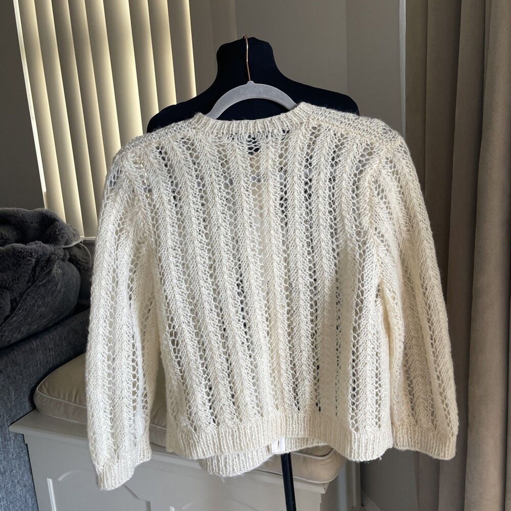 Vintage 50’s 60’s Mohair Wool Open Knit Cardigan Sweater Cream M - Picture 3 of 7